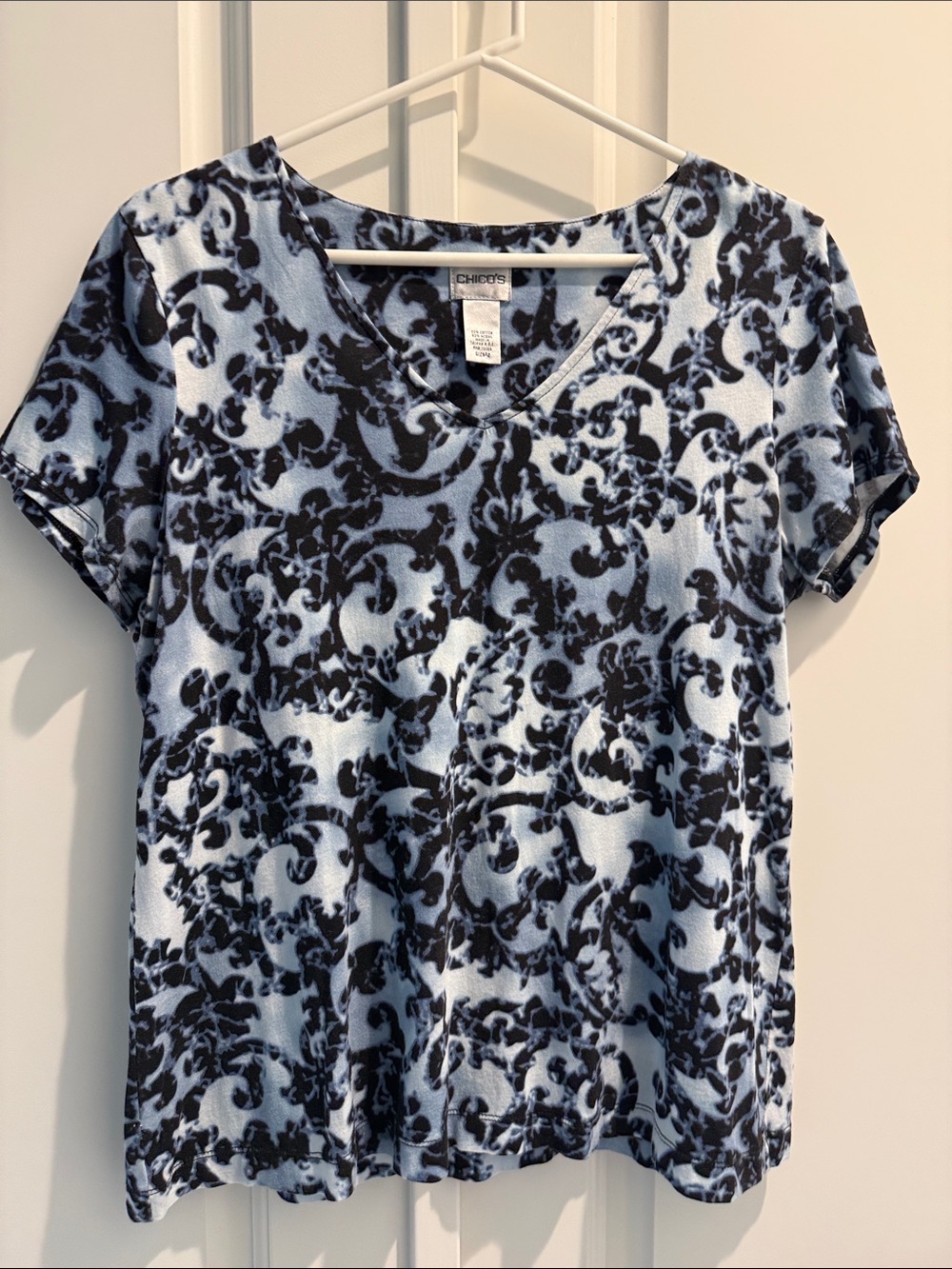 Chico's Light Blue and Black Scroll-Print V-Neck Tee